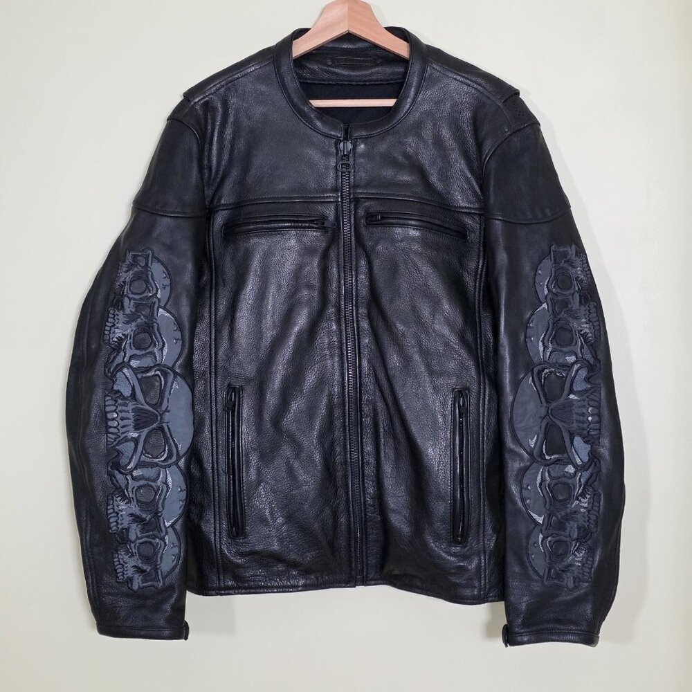 Wilsons Leather Skull Motorcycle Jacket Mens L Black Zip LS Pockets Padded Lined